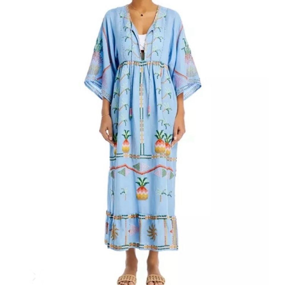 NEW FARM Rio Embroidered Pineapple Maxi Dress Beaded Tassel Linen Blue Size M - Picture 10 of 16